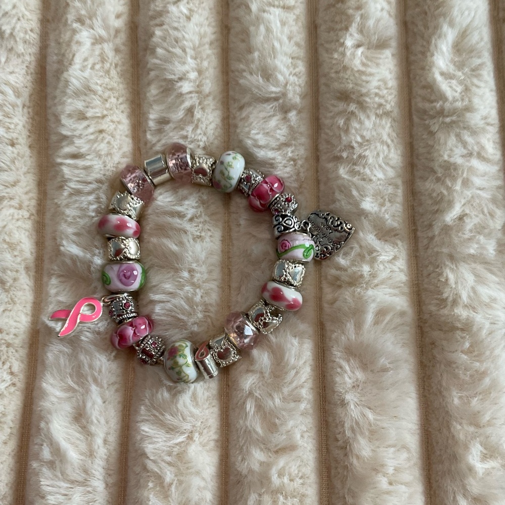 Pink and Silver Beaded Bracelet with Ribbon Charm